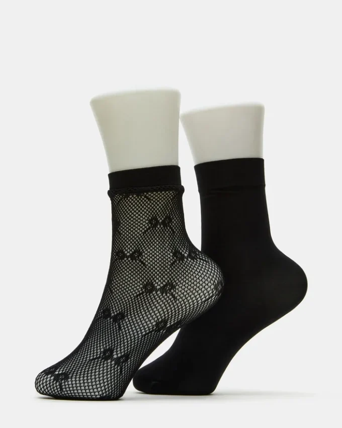 2 Pack Bow Fishnet Anklet Socks Black