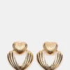 Ribbed Double Heart Earrings Gold
