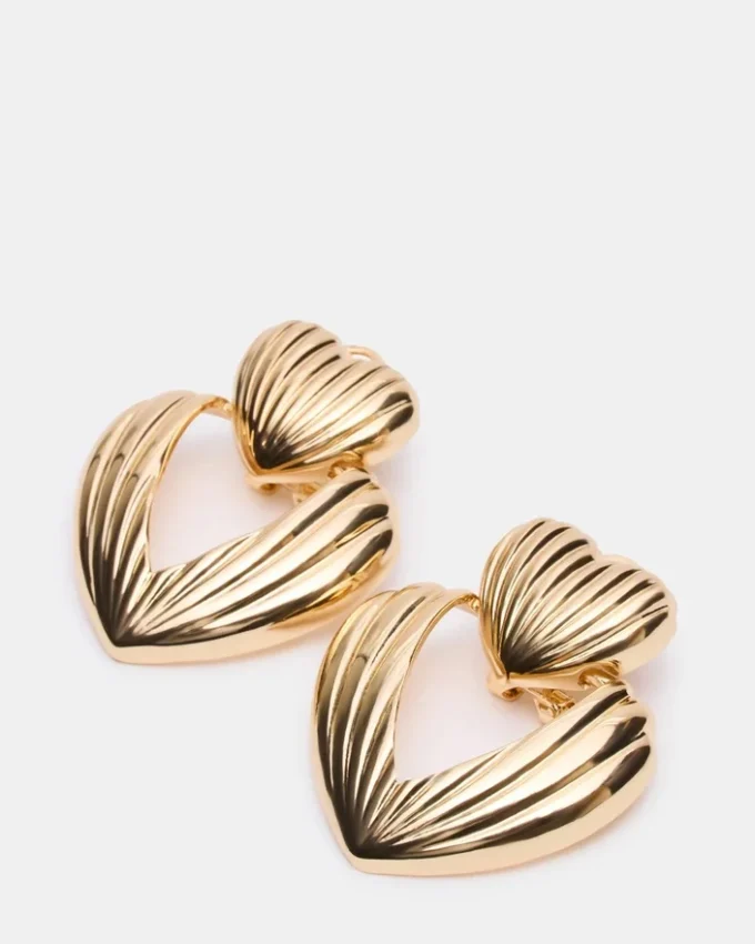 Ribbed Double Heart Earrings Gold